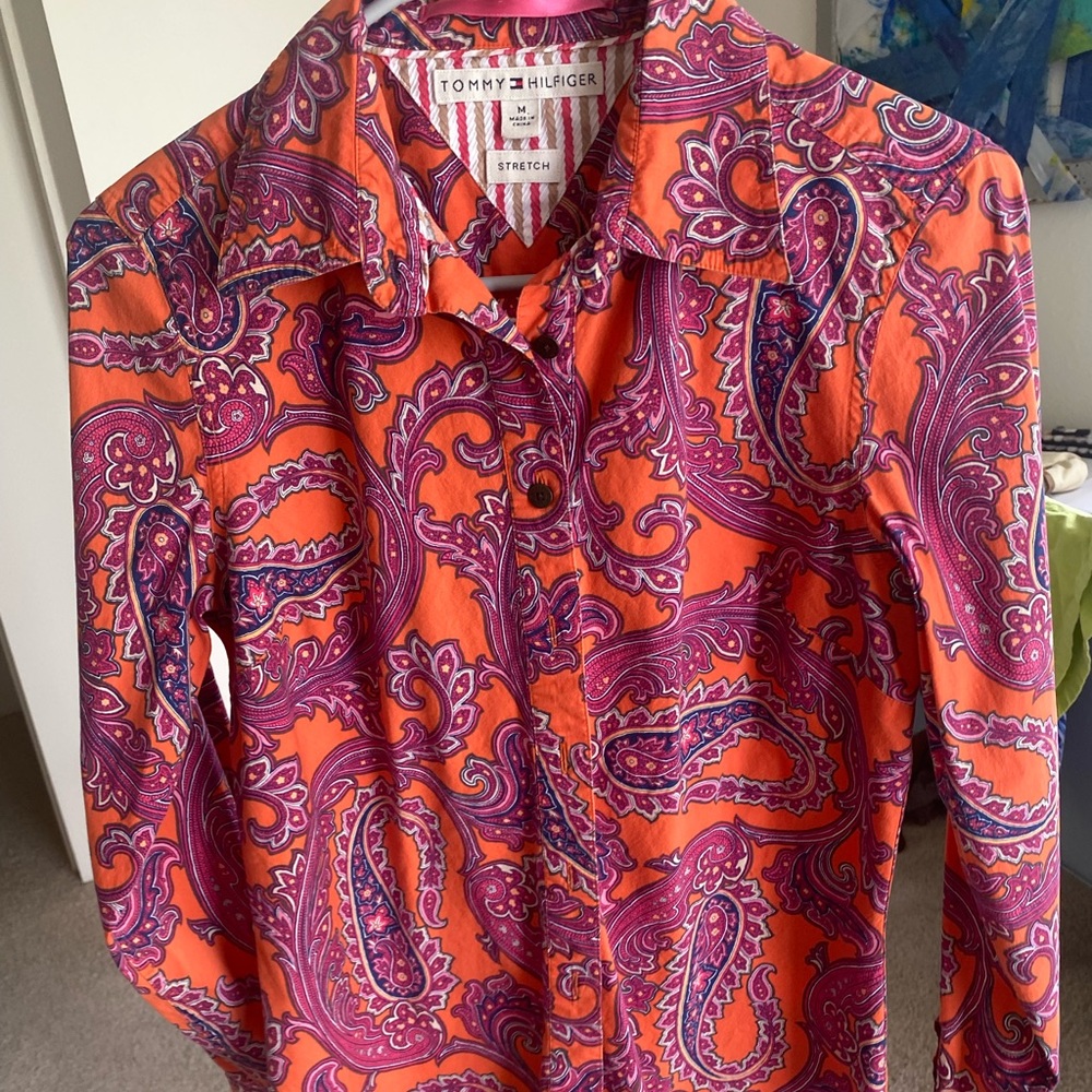 Tommy Hilfiger Retro Paisley pink orange button up Medium